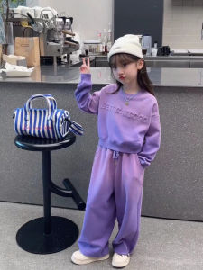 Girls Sportswear Set Fleece Lined Two Piece Suit Childrens Purple Autumn Outfit Medium to Large Kids Korean Style Spring Autumn
