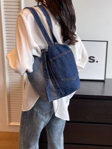 Casual Canvas Bucket Bag with Pocket Trendy Splicing Color Design Versatile Shoulder Handbag for Young Adults Soft Polyester Lining