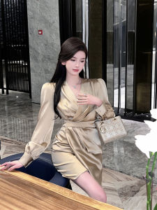 Chubby French style Temperament Satin Long sleeve V-neck Dress Women Spring New Socialite Style Waist Hugging Sheath Short dress
