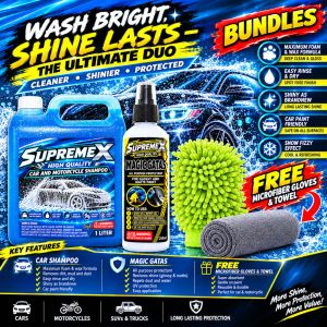 SUPREMEX Car Shampoo 1Liter & Magic Gatas 250ml Microfiber gloves and Towel for Car & Motorcycle Cleaning Liquid Formula with Super Wax & Snow Fizzy Foam for Shiny Clean Finish