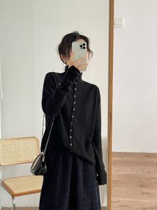 Autumn Winter Knitted Sweater Button Self-Keeping Cuff Half High Collar Versatile Slimming Base Layer Shirt Outerwear