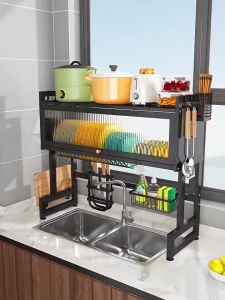 HOMIX Rak Piring Wastafel Kabinet Dapur Dengan Pintu Rak Cuci Piring Stainless Steel Multi-fungsi Dengan Aksesoris
