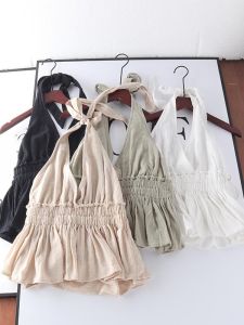 Deep V Neck Backless Bell Sleeve Texture Frayed Edge Summer Vacation Style Womens Tank Top Cotton Blend Slim Fit Commute Wear