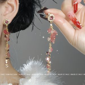 Pink Rock Crystal Long Tassel Earrings S925 Ladies Fashion Jewelry Fairy Atmosphere Ear Clips Ear Decorations Alloy Plated Silver
