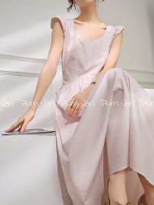 PlumJan | Đầm Hòn Đảo Mùa Hè Tay Voan Không Đều Màu Hồng Dây Nơ Ruffle