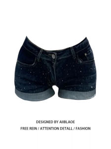 กางเกงขาสั้นยีนส์ทรงสลิมฟิตเอวต่ำสำหรับผู้หญิง กางเกงขาสั้นทรงเข้ารูปสไตล์อเมริกัน ดีไซน์ใหม่ ปักคริสตัล กางเกงขายาวทรงเข้ารูป