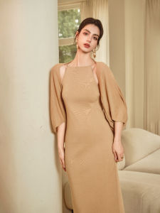 ReVe Haute Couture Gold-Vermeil Knitted Sundress Set Loose Fit Lantern Sleeve Long Dress Top Bottoms Two-Piece Ensemble