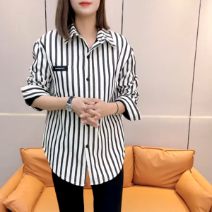 plus Size Loose Fleece Lined Long Sleeve Polo Collar Open Cardigan Shirt Womens Fashion Autumn Winter Striped Casual Top