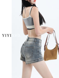 กางเกงขาสั้นผ้ายีนส์ทรงเข้ารูปเอวสูงสไตล์ย้อนยุคสำหรับผู้หญิงในช่วงฤดูร้อน กางเกงขาสั้นทรงเอยืดหยุ่นบาง เอวสูง ความยาวสั้น ความหนาแน่นของเส้นใยโพลีเอสเตอร์