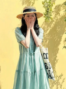 Summer 2025 New Style Tea Break French High-End Bubble Sleeve Fairy Tale Mint Green Dress Womens Fashion Elegant Skirt