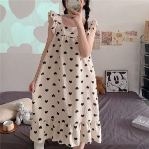 Japanese Style Small Heart Slip Nightdress Young Adult Summer New Arrival Sweet Princess Style Woven Bubble Cotton Dress Pajamas