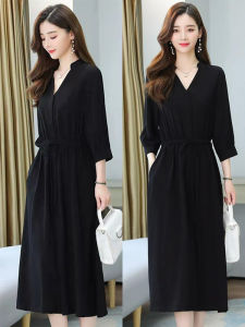 Korean Style Black V-neck Loose Waist Midi Dress Womens Fashionable Long Skirt Seven-sleeve Slimming Effect Autumn Commute