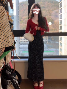 Hebe Style French Black Floral Long Dress Set Womens Autumn Winter New High Waist Cotton Blend Spandex V Neck H Type Dress