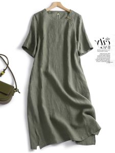 Váy Cotton Lanh Tay Ngắn Mùa Hè Cổ Tròn Cạp Rộng Váy Midi Chữ a Dáng Thẳng Ôm Sát Cơ Thể Cho Nữ