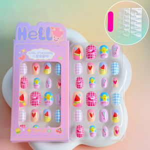 24Pcs/Box Lovely Red Cherry Rabbit Plaid Children Fake Nails Cartoon Pattern Kids Press On Nail for Girl Wearable False Nails 1
