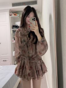 YUFUQING | Elegant French Style Floral Print Long Sleeve V-neck Dress Womens Early Autumn New Style Waist-cinching Slimming Short Dress