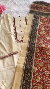 EOs Elegant Ladies Khadi Cotton Kurti Pant Set with Beautiful Embroidery & Printed Dupatta