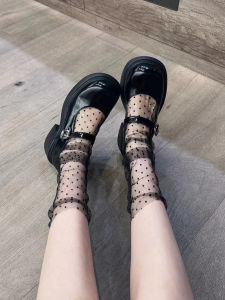 Black Lace Socks Women Pure Desire Small Polka Dot over Knee Summer Ultra Thin Transparent Fairy Mary Janes Mid-Calf Socks