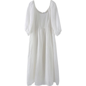 Miccbeirn | ชุดเดรสยาวเอวสูงผ้าลินิน Pure Linen แขนโคมไฟสไตล์ฝรั่งเศส ทรงเข้ารูป สีขาว เดรสแฟชั่นสุดหรูหรา