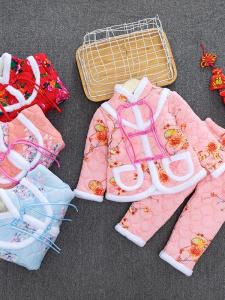 Thickened Fleece Winter Padded Floral Print Childrens Outfit Boys Girls Baby Cotton Jacket Warm New Year Visit Clothes