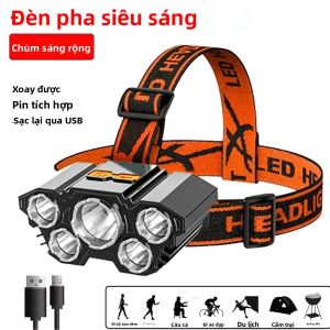 Đèn Pha 5 Đèn LED Có Thể Sạc Lại Với Pin 18650 Tích Hợp Đèn Pha Mạnh Cho Đèn Pin Câu Cá Phiêu Lưu Cắm Trại