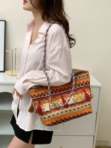 Yunnan Ethnic Retro National Trendy Style Bag Female Large Capacity New Casual Print Color Canvas Woven Tote Bag