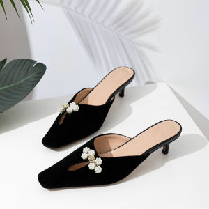 BUBUFEIFEI Original Design Chinese Style Mule Slippers Cat Heel Fashionable Casual Velvet Surface Rubber Outsole