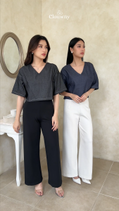 Clouwny Hansen Vneck Blouse Atasan Wanita Kerah Vneck Simple Lengan Pendek Fit to XL