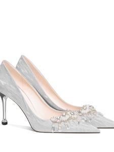 เรียบหรู รองเท้าแต่งงานสไตล์จีนรองเท้าส้นสูงคริสตัลสบายสําหรับพิธีดื่มสวมใส่สองทางรองเท้าเจ้าสาว ฤดูร้อน รองเท้าส้นเตี้ย