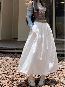 กระโปรงทรงเอเอวสูงผ้าฝ้ายแท้สีขาว กระโปรงทรงเอยาวปานกลางสำหรับผู้หญิงในช่วงฤดูร้อน ดีไซน์ใหม่ กระโปรงทรงร่มทรงหลวม