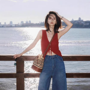 CHOEFULYN | Design Sensitivity Red V-Neck Knit Vest  Womens Summer Sleeveless Top