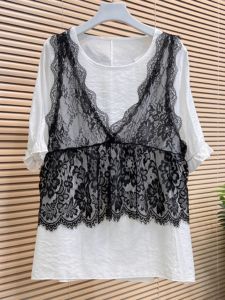 Elegant Lace Short Sleeve Fake Two-Piece Top for Women Spring Summer Slimming High Quality Korean Style Commute Shirt