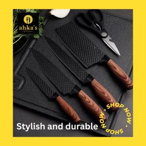 Ahkas Kitchen 6 PCS Non-Stick Stainless steel Kitchen knife scissor peeler Chef knife Cleavers Butcher knife Cutting SET