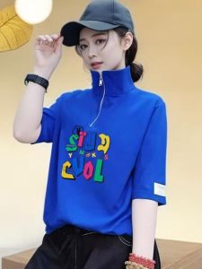 เสื้อยืดคอกลมแขนสั้นทรงหลวมสไตล์เกาหลีสำหรับผู้หญิงในช่วงฤดูร้อนปี 2025 เสื้อผ้าทำงานคอตตอนผสมยืดหยุ่นพิมพ์ลายแฟชั่น