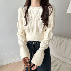 White Short Knitted Base Shirt Women Early Autumn Inner Bubble Sleeve Sweater High Waist Slim Fit Autumn Winter Small Size Top