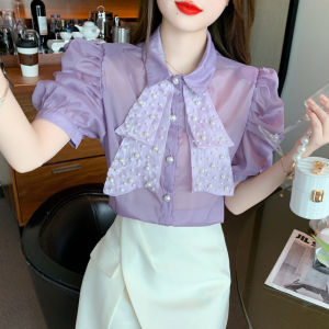 Áo Sơ Mi Satin Tay Bồng Thêu Nút Thắt Bướm Mùa Hè 2025 Phong Cách Mới Cho Nữ Tay Ngắn Cổ Tròn Dáng Rộng