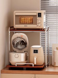 Multifunctional Kitchen Countertop Real Wood Pull-Out Storage Rack for Rice Cooker Microwave Seasoning Organizer Chinese Style