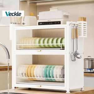 Veckle Dish Rack Organizer With Cover Multipurpose Kitchen Cabinet Organizer With Drainer And Pull Out Design Countertop Storage Rack For Plates Cups Utensils Drying Rack With Transparent Window