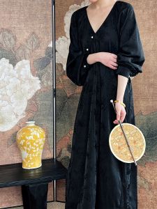 Acetate Satin Lantern Sleeve V-neck Dress New Chinese Style Zen Button Improved Cheongsam Skirt High Waist A-line Long Dress