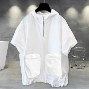 Parka Three-Dimensional Pocket Stylish Hooded Short Sleeve T-Shirt Summer Trendy Mens and Womens Same Half Zipper Niche Style T-shirt