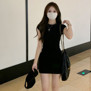 Black Short Sleeve Bodycon Dress Womens Elegant Summer Slim Fit Waist Cinched Date Outfit Set Suede Material round Neckline