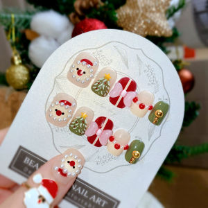 [Ready Stock]24pcs Fake Nails Christmas Santa Cute Elk Nail Art With Glue