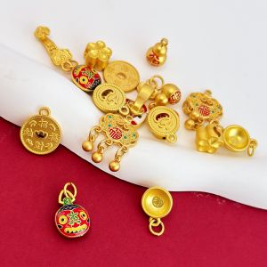 Strong Color Retention Alluvial Gold Pendant Golden Bowl Gold Gourd Golden Wishes Small Flower Pendant Handmade DIY Handmade String Decorative Pendant
