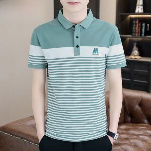 HENGYUANXIANG | Casual Stripe Polo Shirt Mens Short Sleeve Turn-down Collar Summer Trend Thin T-shirt Cool Feeling Standard Fit Cotton Polyester Blend