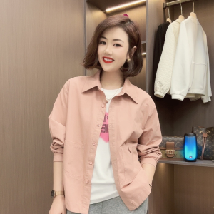 Spring Autumn New Style Womens Long Sleeve Shirt Cardigan Short Top Trendy Loose Fit Button Pocket Pure Color Fashion Outerwear