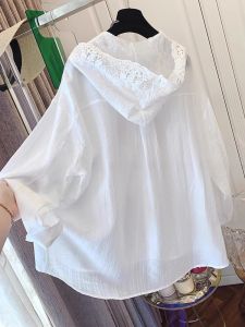 Textured White Lace Hooded Sun Protection Shirt Jacket Women Summer Design Thin Loose Long Sleeve Top Trendy Breathable Skin-Friendly