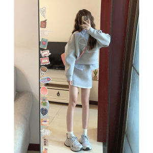 Bộ ba mảnh CHANGTONG áo nỉ sơ mi váy ngắn cotton thoải mái thường ngày