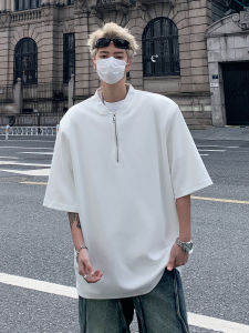 American Ins Retro Padded Shoulder Short Sleeve T-Shirt Mens Summer Fashion Brand Handsome Loose Easiest for Match Half Zipper Half Sleeve T-shirt