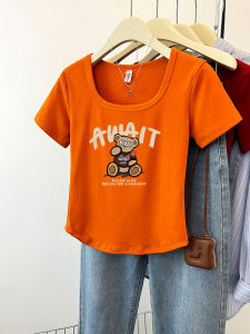 Slim Fit Pure Cotton Short Sleeve T-Shirt Summer New Style Square Collar Half Sleeve Orange Colorful Commute Korean Style Top