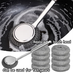 Steel Wire Ball Pot Brush Kitchen Pan Dishes Cleaning Brush Long Handle Metal Wool Scourer Strong Decontamination Cleaning Brush